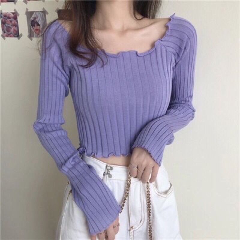 Áo Croptop Trễ Vai Dài Tay Len Mỏng