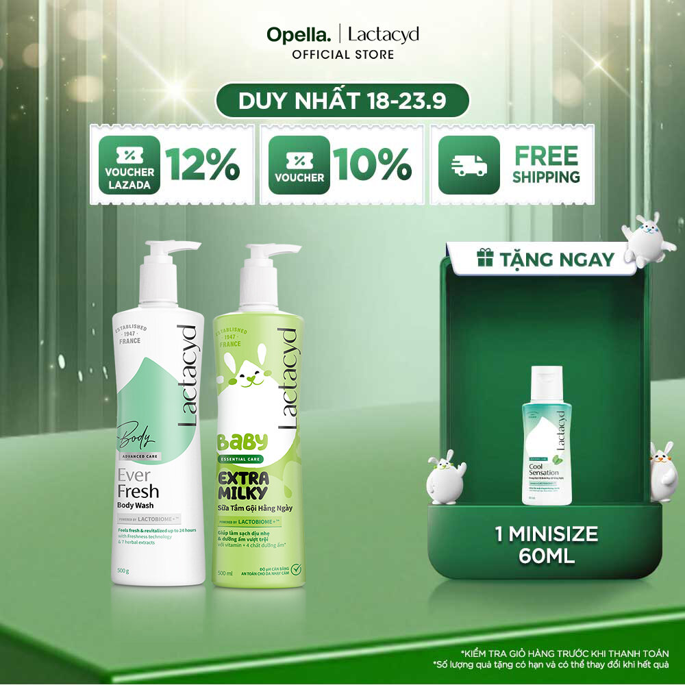 Bộ 1 Sữa tắm Lactacyd Ever Fresh mang lại làn da thơm mát và tràn đầy sức sống đến 24 giờ + 1 Sữa Tắm Gội Trẻ Em Lactacyd Milky Bảo Vệ, Nuôi Dưỡng Da và Tóc Bé Vượt Trội 500ml Cho Bé