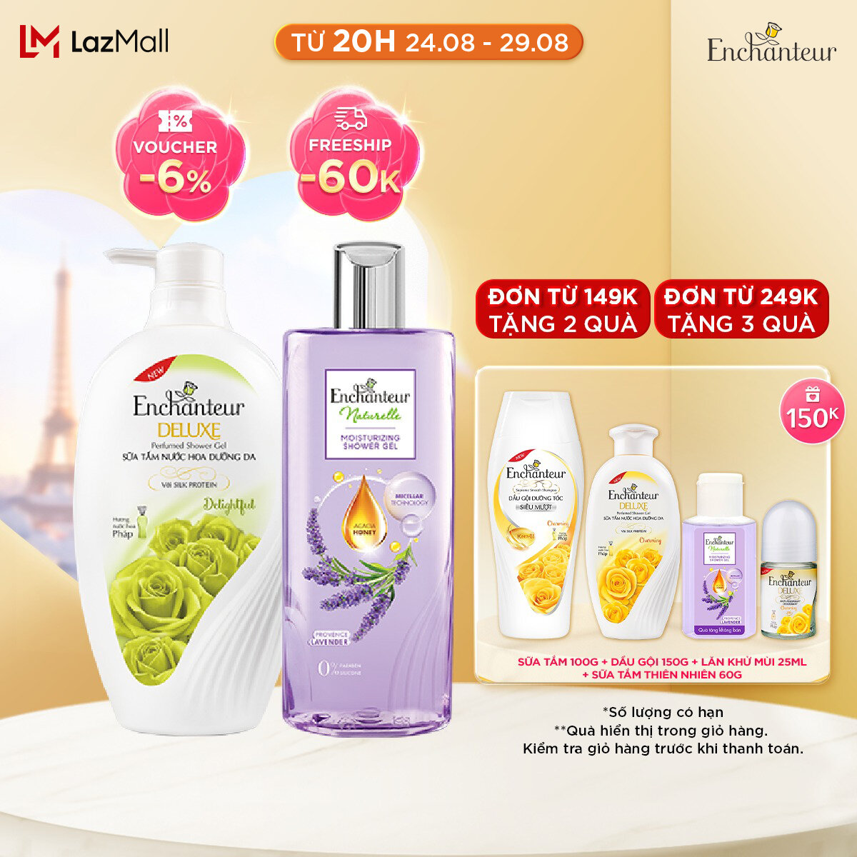 Combo Sữa tắm Enchanteur Naturelle hương hoa Lavender 260g + Sữa Tắm Nước Hoa Dưỡng Da Delightful 650G