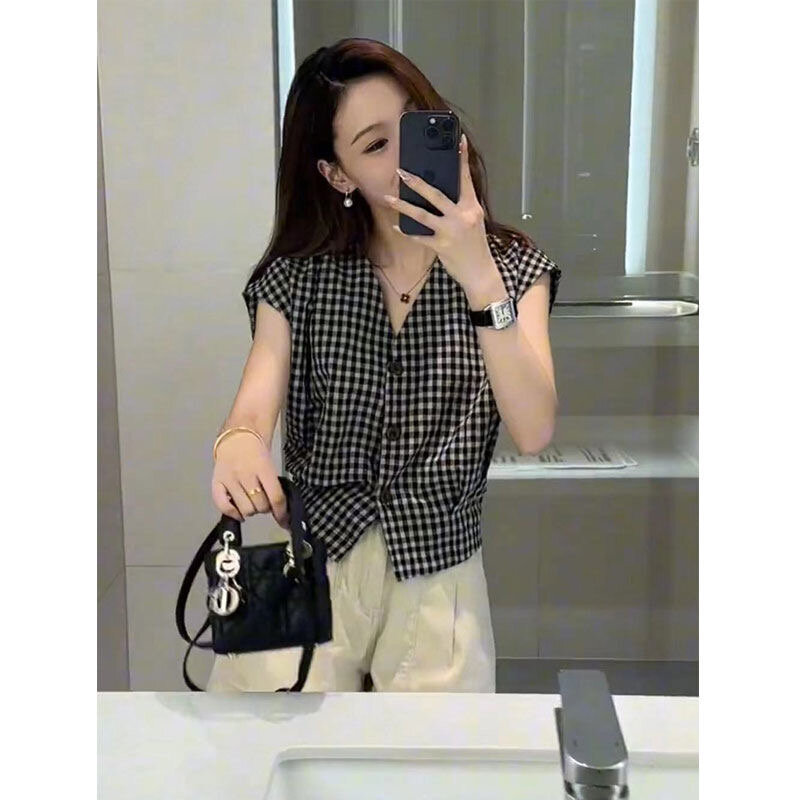 Áo Sơ Mi Kẻ Caro Cổ Chữ V Tay Ngắn Kiểu Pháp Cổ Điển Dành Cho Nữ Mùa Hè 2025 Áo Sơ Mi Thường Ngày Bằ