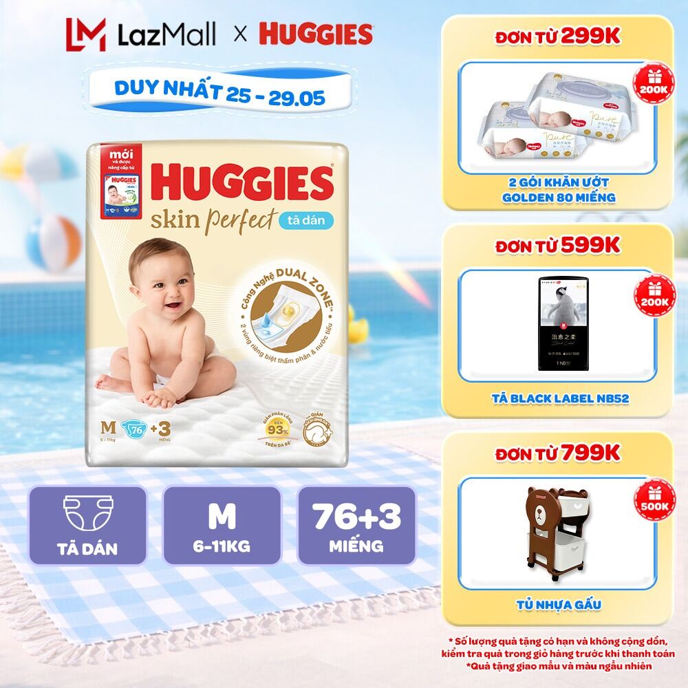 Tã/Bỉm Dán Sơ sinh Huggies Skincare Super Jumbo M76+3/L68/XL60/XXL54 Với 2 Vùng Thấm Giảm Kích Ứng Da