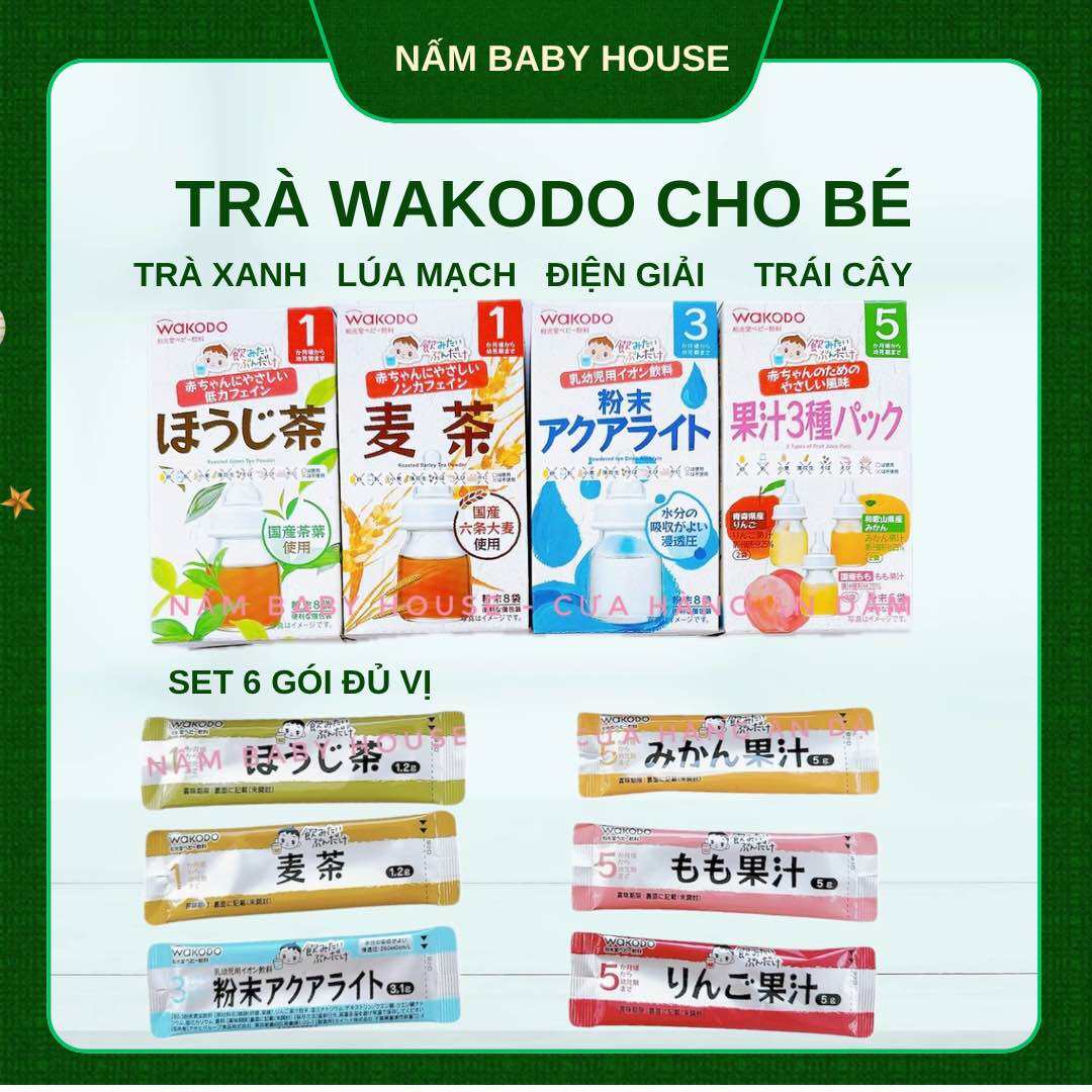 Date 10/2025 Trà wakodo Nhật Bản hỗ trợ tiêu hoá cho bé ăn dặm từ 5 tháng - trái cây, trà xanh, điện giải, lúa mạch