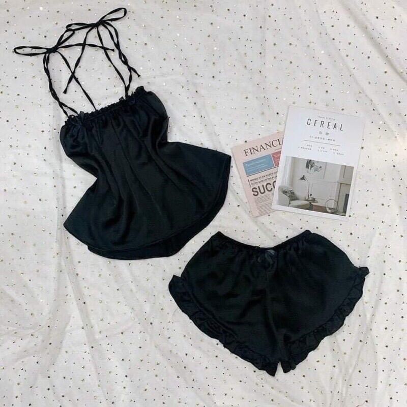Bộ Ngủ 2 dây nơ thắtvai lụa satin(freesize dưới 65kg)