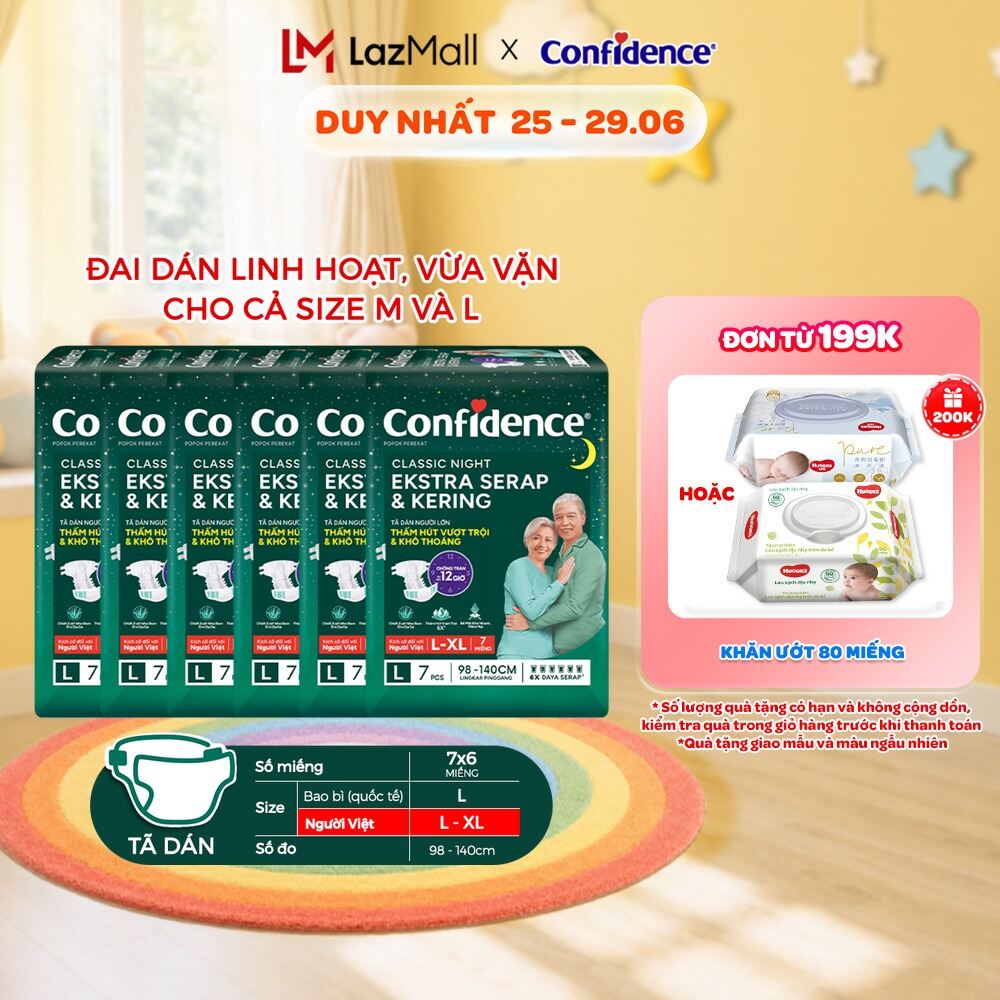 Combo 6 Tã dán ngưới lớn Confidence Thấm Hút Vượt Trội  Khô Thoáng M-L 8M/L-XL 7M
