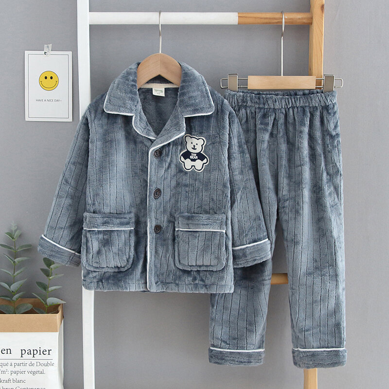 Đồ ngủ nhung flannel dày dặn bé trai bộ đồ mặc nhà lót nhung trẻ em nhung san hô mùa thu đông bé trai trang phục trẻ em