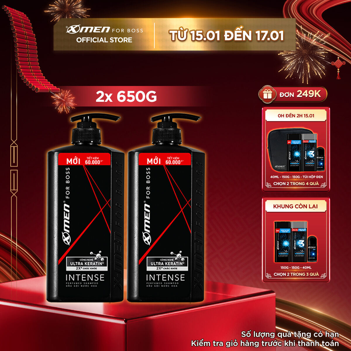 Combo 2 Dầu gội X-Men for Boss hương trầm đầy nội lực Intense với Ultra Keratin© mới 650g