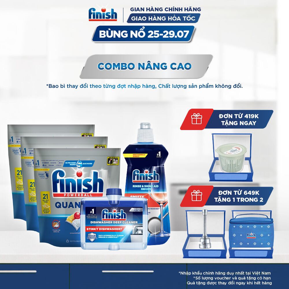 Combo Nâng Cao: 3 X Túi 21 Viên Nước Rửa Bát Powerball Quantum + Nước Làm Bóng Rinse  Shine Aid + Dung Dịch Tẩy Rửa Máy Rửa Chén Bát