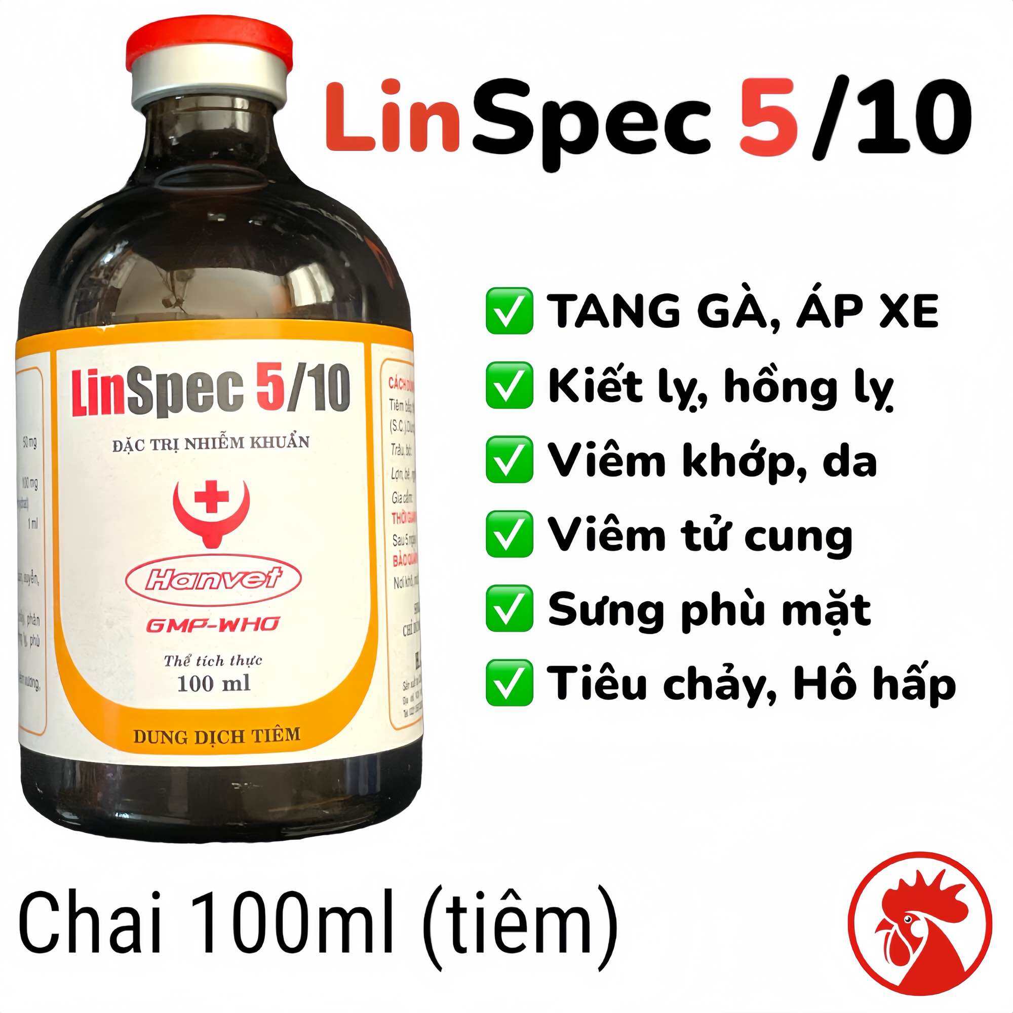 LinSpec 5/10 chai 100ml  khò khè hô hấp sỗ mũi tiêu chảy viêm khớp trên Gà Gia Súc gà đá và chó và m