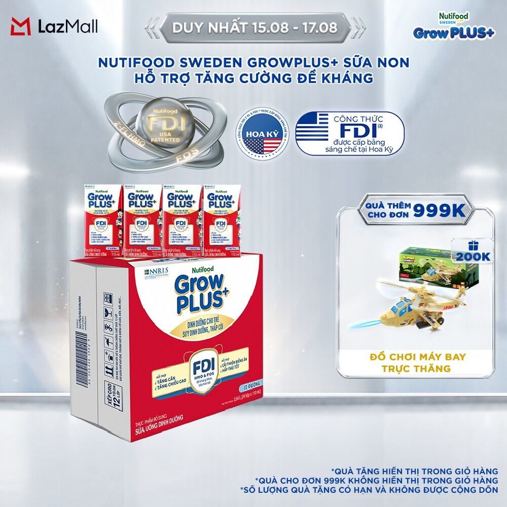 Thùng 24 hộp Sữa Nước Pha Sẵn Nutifood GrowPLUS+ Suy Dinh Dưỡng (Đỏ) - Hỗ Trợ Tăng Cân Tăng Chiều Cao Ít đường 110ml - Trên 1 tuổi (Bao bì tùy đợt nhập hàng)