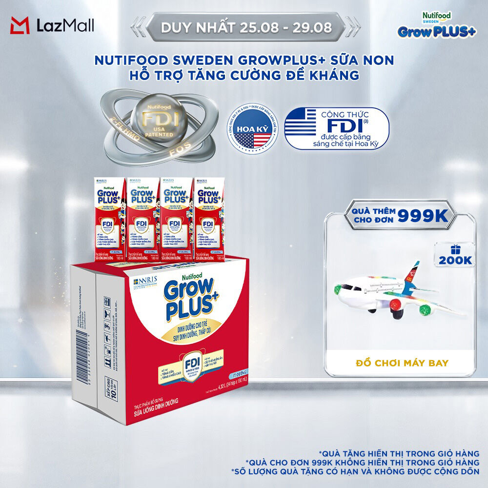 Thùng 24 hộp Sữa Nước Pha Sẵn Nutifood GrowPLUS+ Suy Dinh Dưỡng (Đỏ) - Hỗ trợ tăng cân, tăng chiều cao Ít đường 180ml - Trên 1 tuổi (Bao bì tùy đợt nhập hàng)
