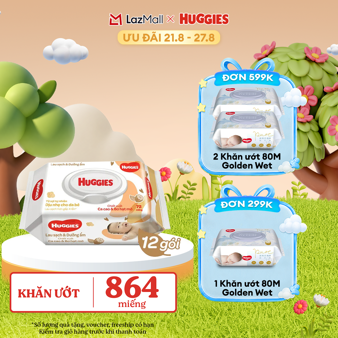 [17-24.08 GIẢM THÊM 90K]  Bộ 12 gói Khăn giấy ướt cho trẻ sơ sinh HUGGIES (Gói 72 tờ)-Chiết xuất Cao cao  Bơ hạt mỡ