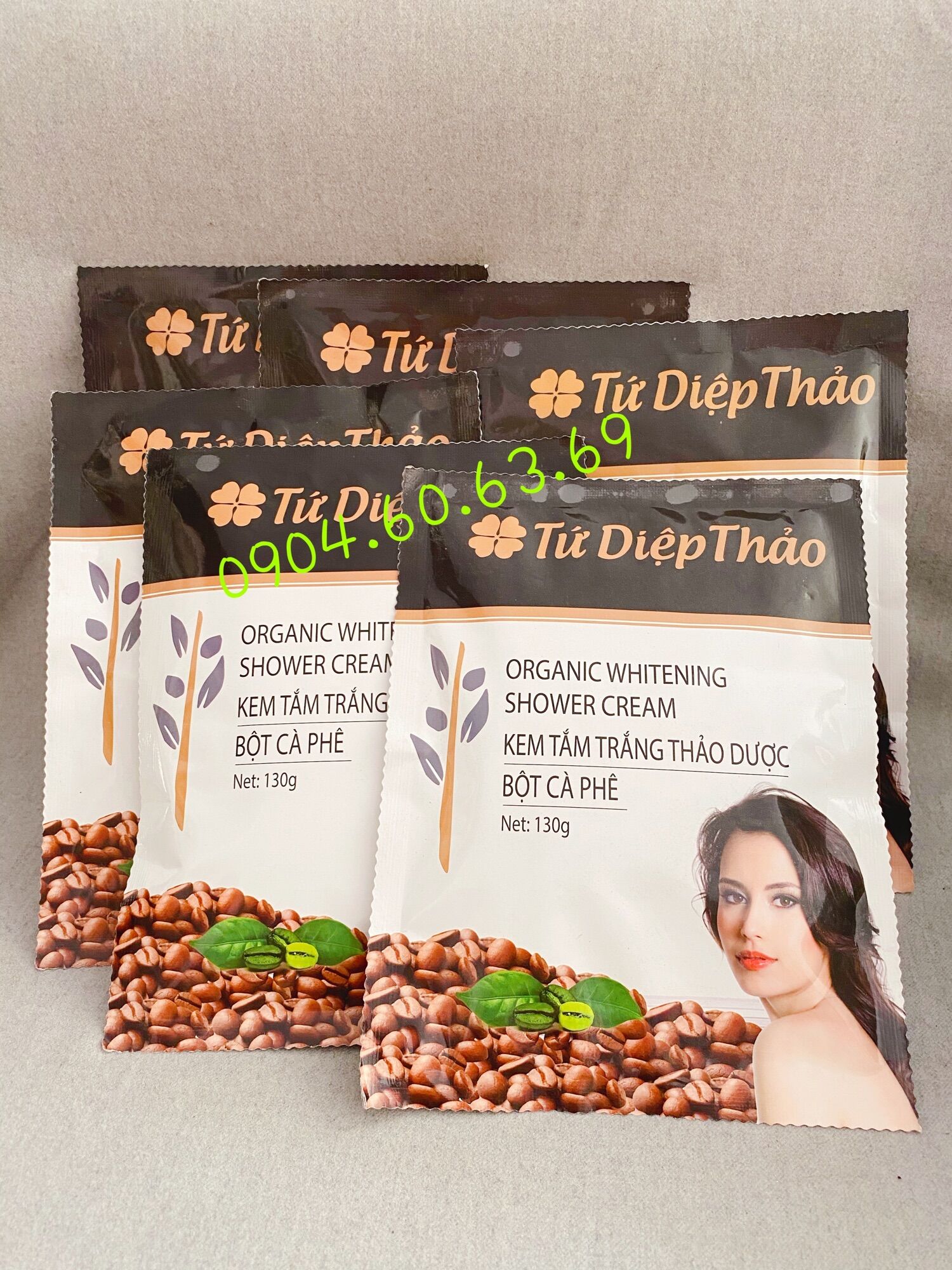 Sỉ 6 gói tắm trắng tứ diệp thảo kem tắm trắng thảo dược bột cà phê 130g