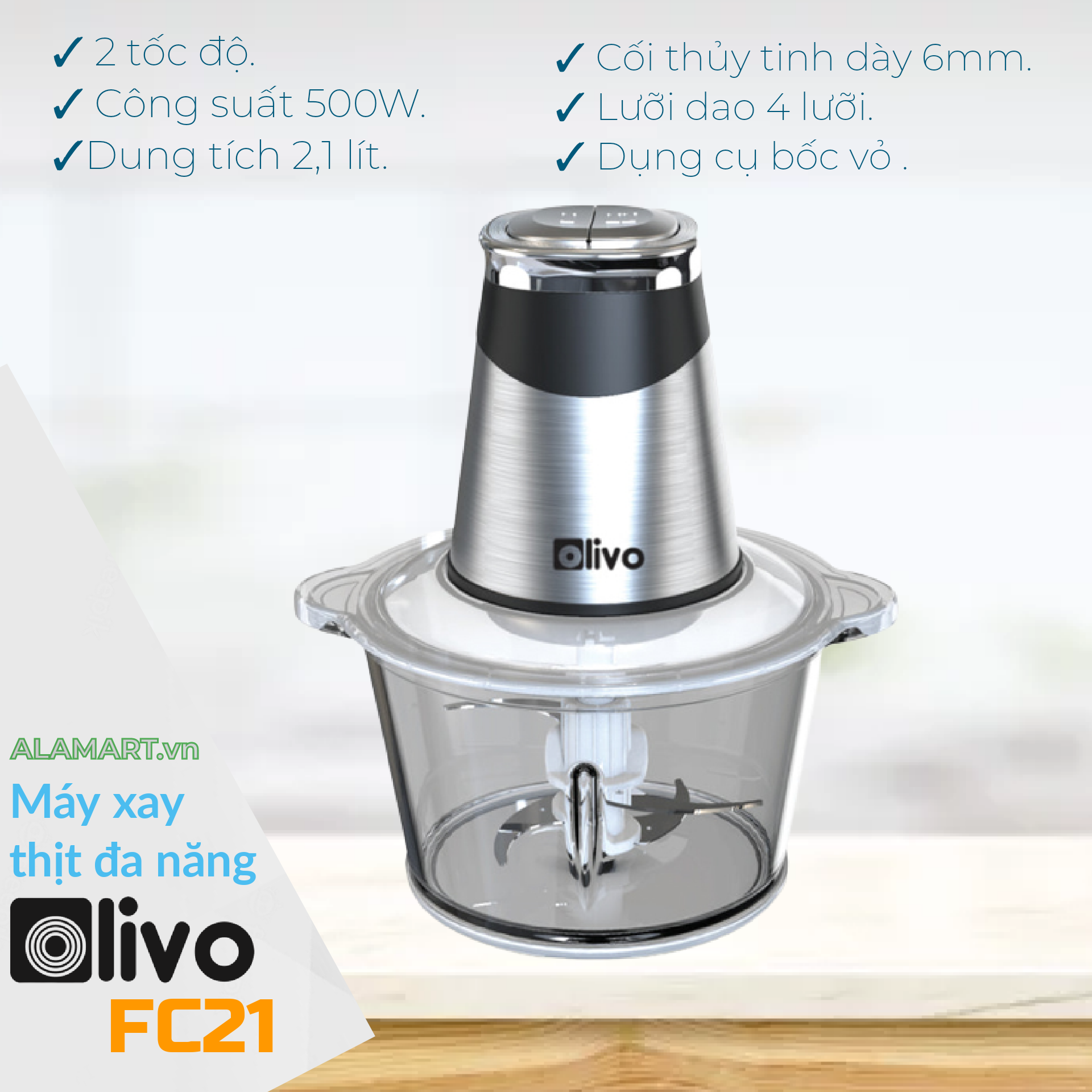 Máy xay thực phẩm đa năng olivo fc21 - dung tích 2.1l - công suất 500w