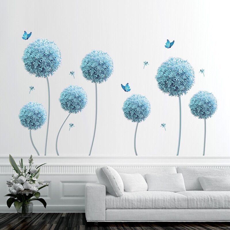 Decal dán tường phòng khách cẩm tú cầu xanh.