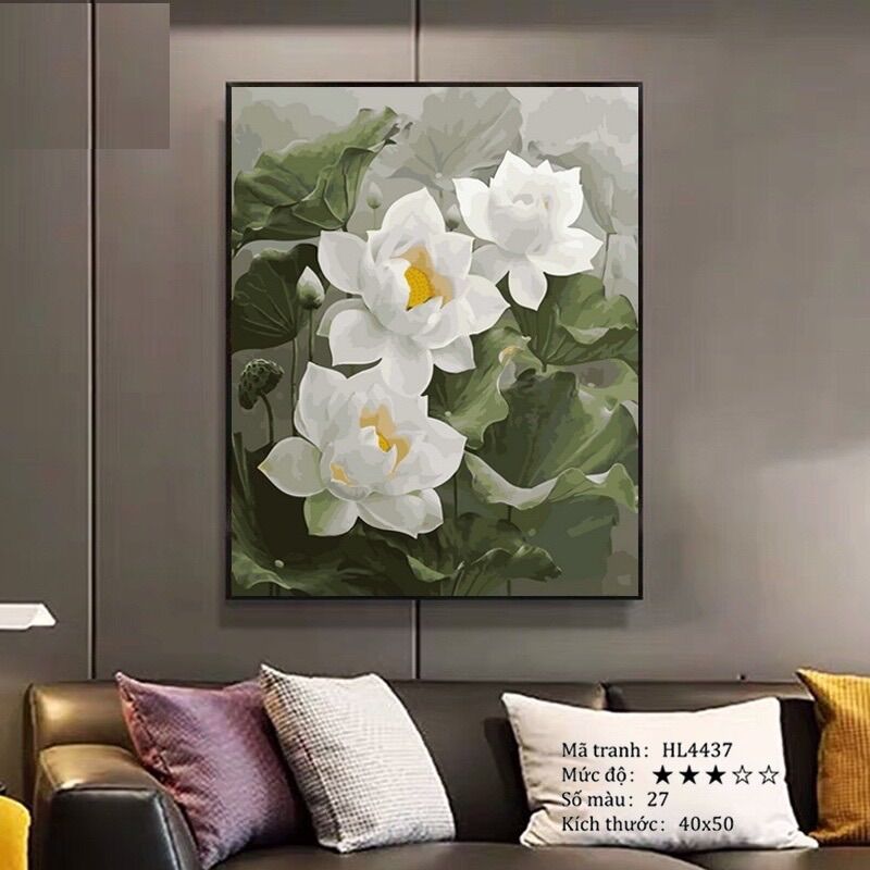 Tranh sơn dầu số hóa DIY khổ 40x50cm khung căng sẵn- Tranh hoa sen trắng