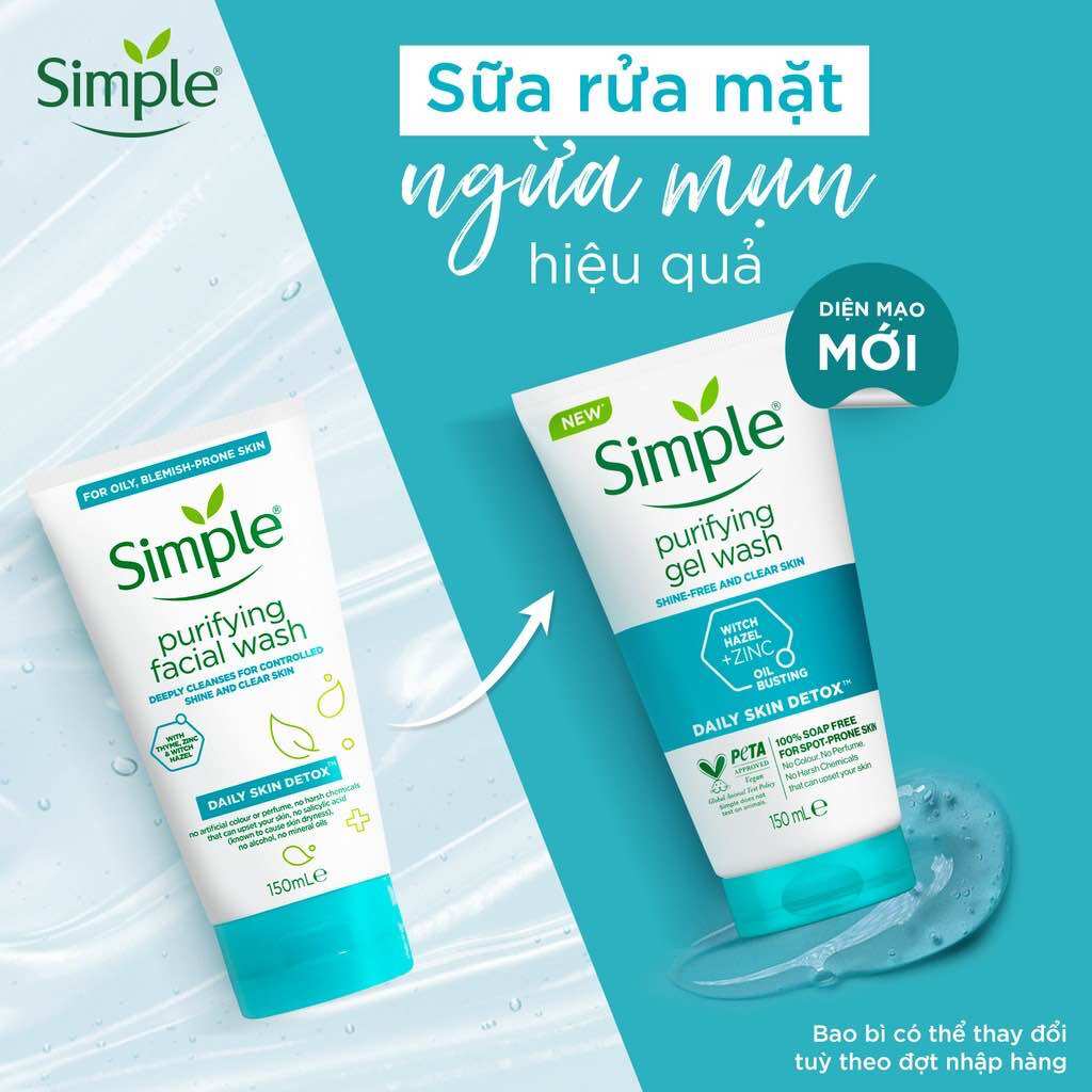 Sữa rửa mặt Simple ngừa mụn / lành tính 150ml