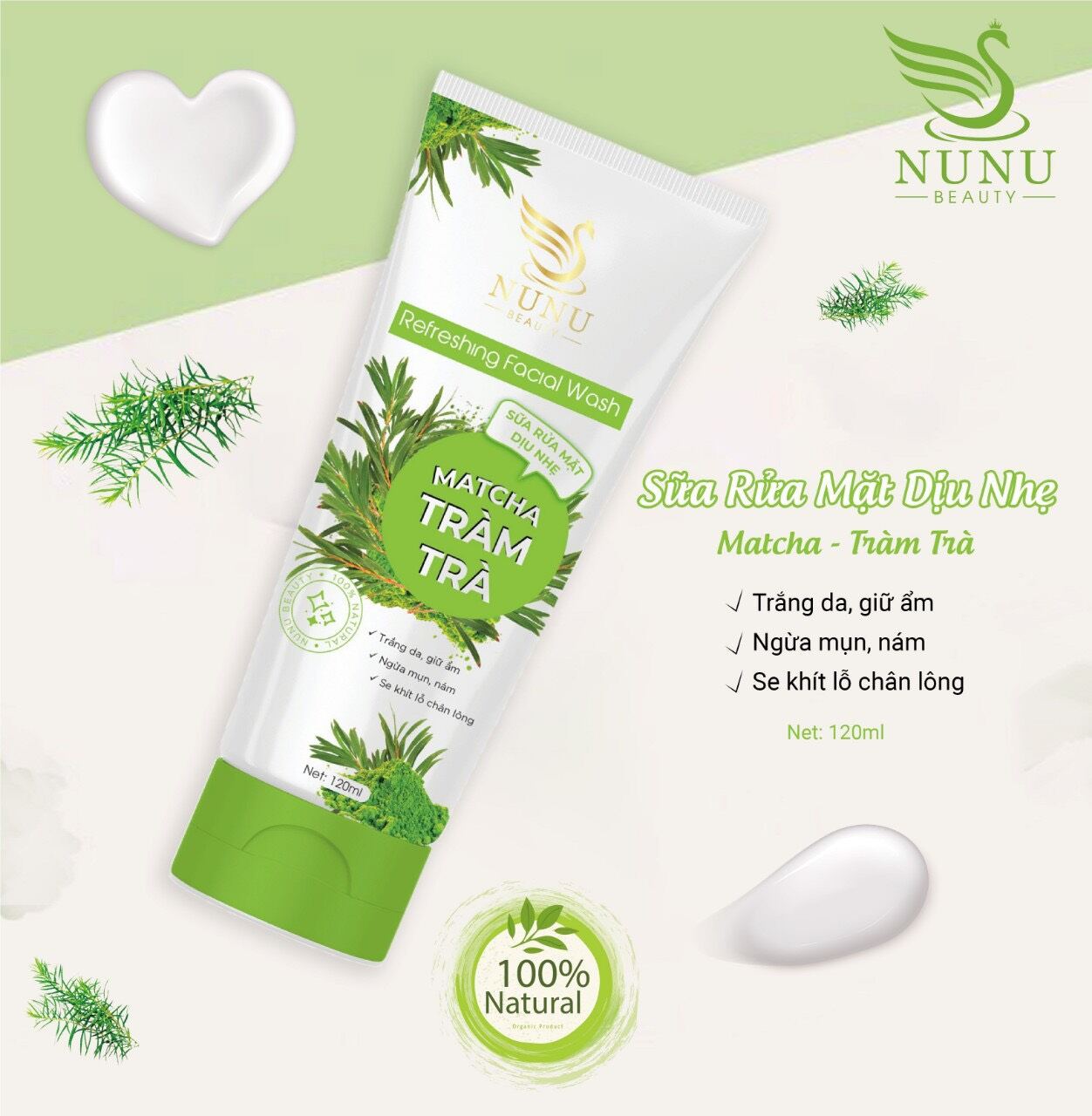 Sữa rửa mặt matcha tràm trà diệu nhẹ (trắng da giữ ẩm