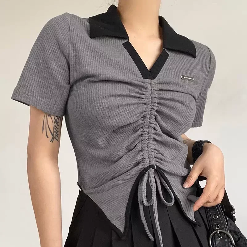 ÁO CROPTOP RÚT DÂY PHỐI 2 MÀU XÁM ĐEN RDV097