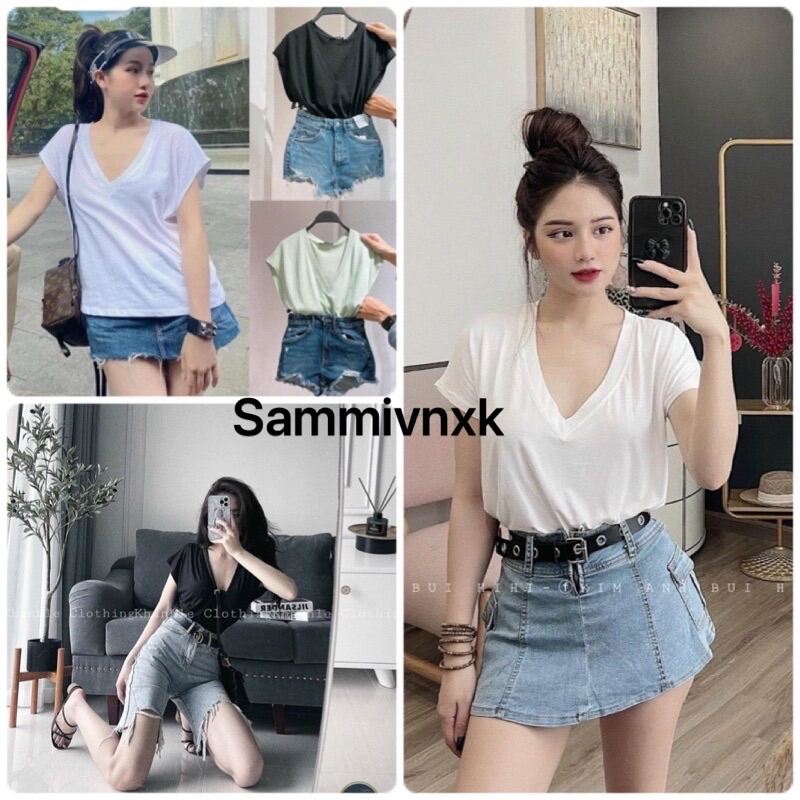 Áo thun cổ tim tay ngắn Sammivnxk💋Áo phông cổ chữ V nữ tay rơi💋[freeship]