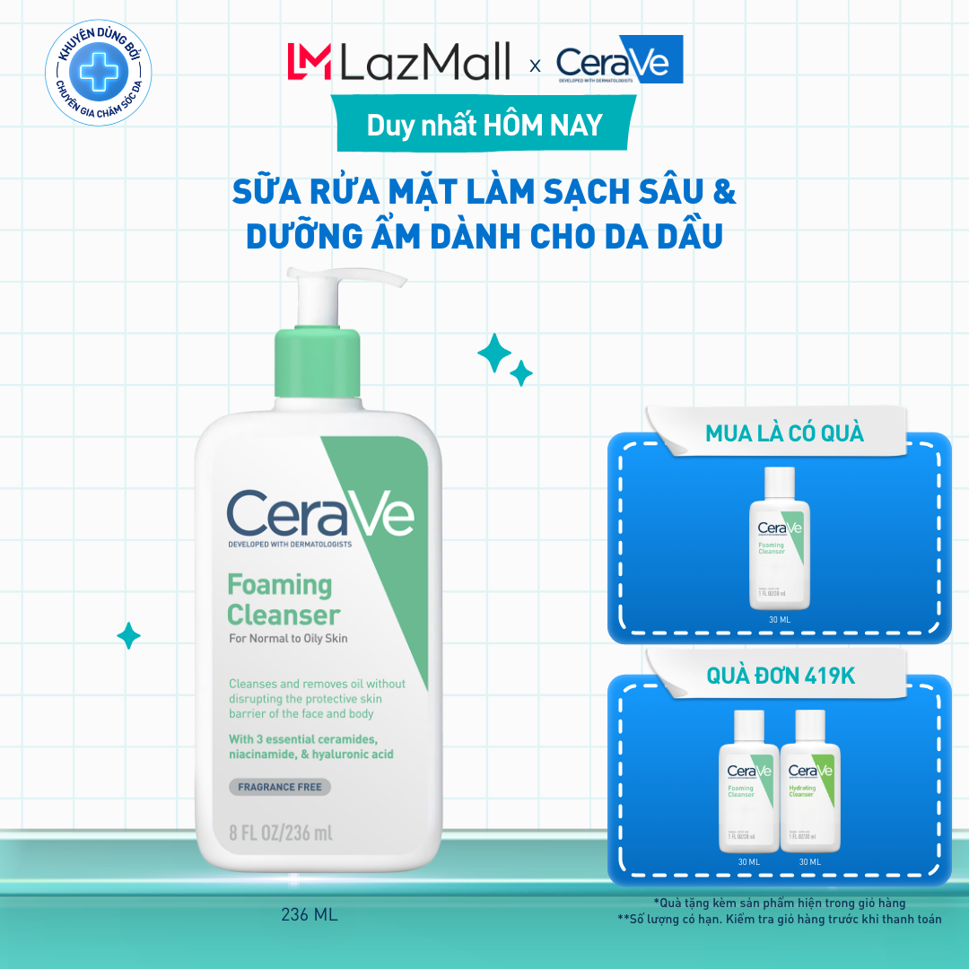 Sữa rửa mặt foaming giúp làm sạch sâu và dưỡng ẩm dịu nhẹ dành cho da dầu - CeraVe Foaming Facial Cleanser 236ML