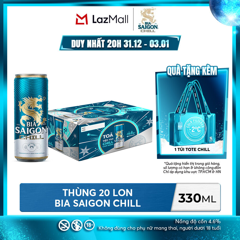  Nồng độ cồn 4.6% - Thùng 20 lon Bia Sài Gòn Chill 330ml 
