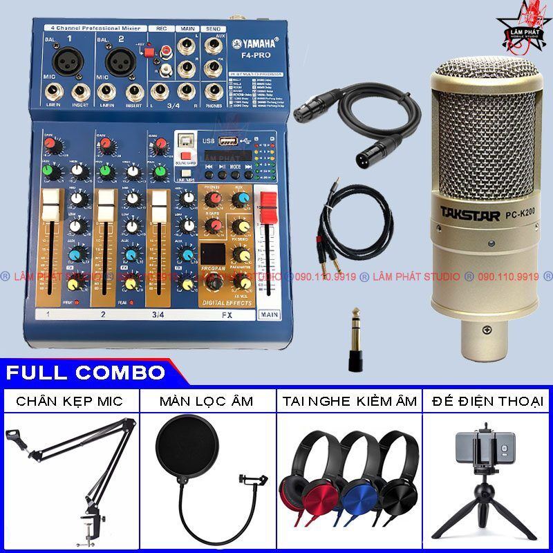 Trọn bộ karaoke thu âm mixer f4 pro mới nhất + mic takstar k200 đầy đủ phụ kiện