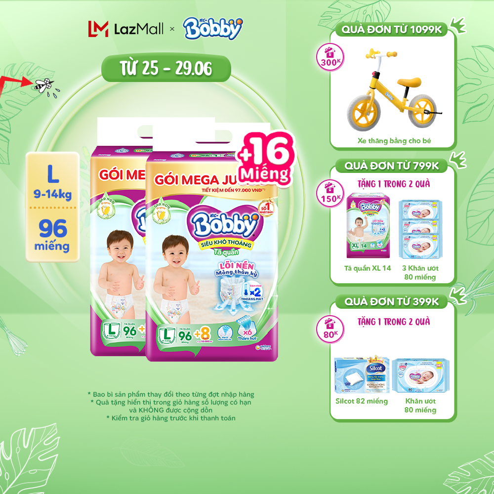 Combo 2 gói Tã quần Bobby Mega Jumbo Gạo non 3mm M112/L96/XL84/XXL76
