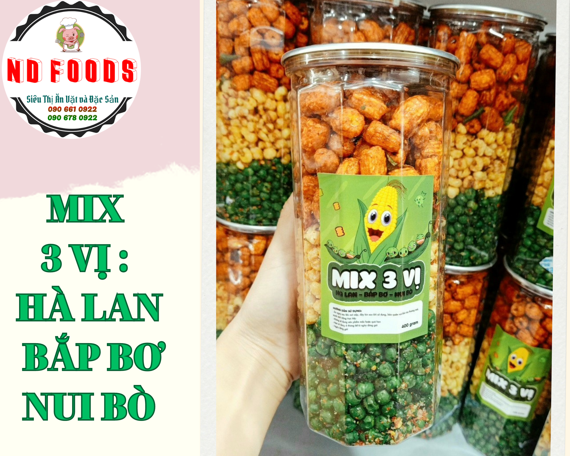 Mix 3 Vị Đậu Hà Lan + Bắp Bơ + Nui Bò Hủ pét 400g tiện lợi