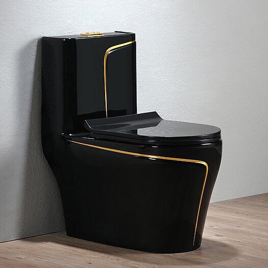 Bồn cầu màu đen, bồn cầu màu xanh, xám viền chỉ vàng, loại nguyên khối, men nano nắp rơi êm, xả xoáy mạnh , chế độ xả 3/6 lít , tiết kiệm nước. Bồn cầu liền khối phủ men nano chống bám bẩn
