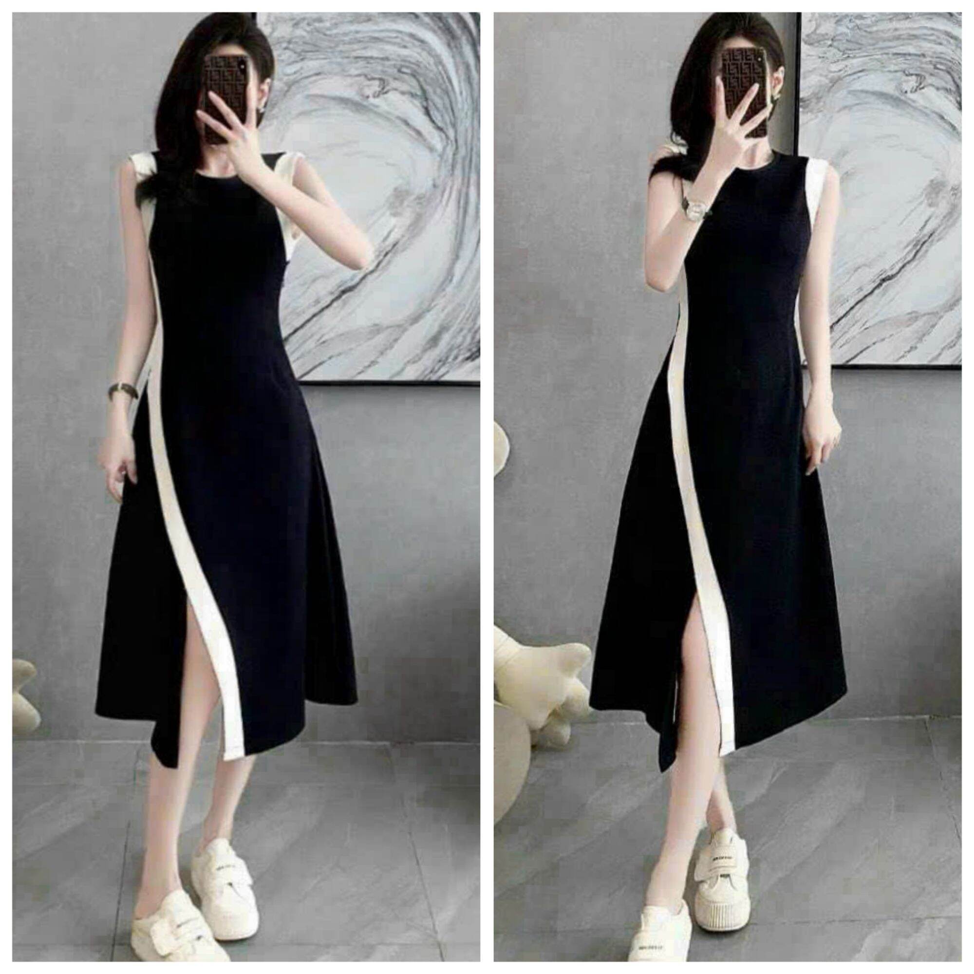 Đầm xinh xẻ tà phối viền trắng cực xinh cho nữ, 1 màu đen (Váy đầm thiết kế thời trang nữ cực xinh)