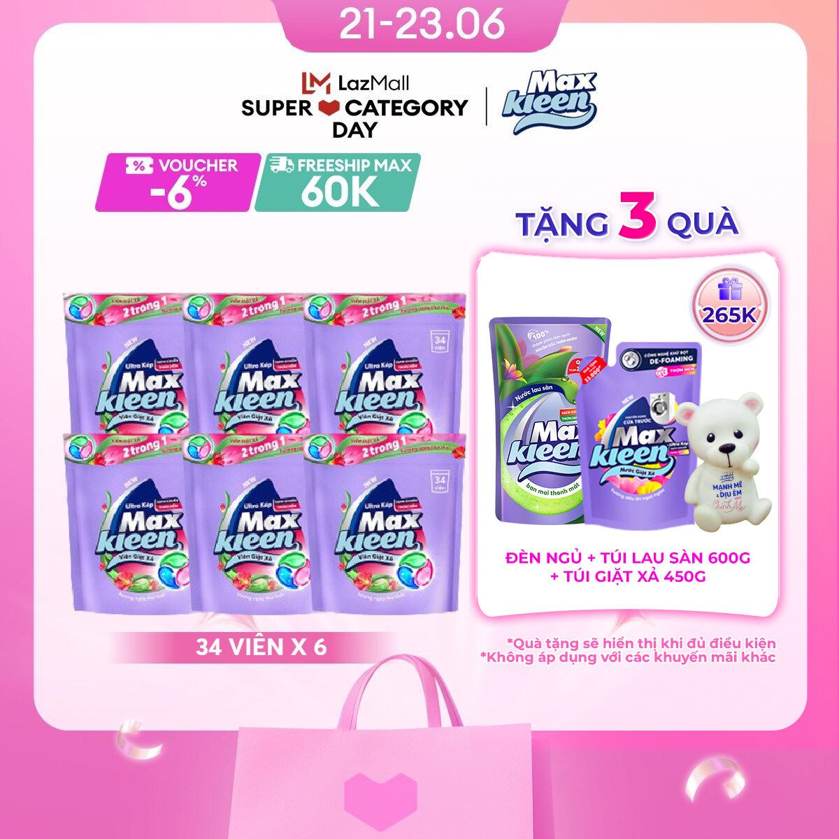 Combo 6 Túi viên giặt xả MaxKleen hương Ngày Thư Thái