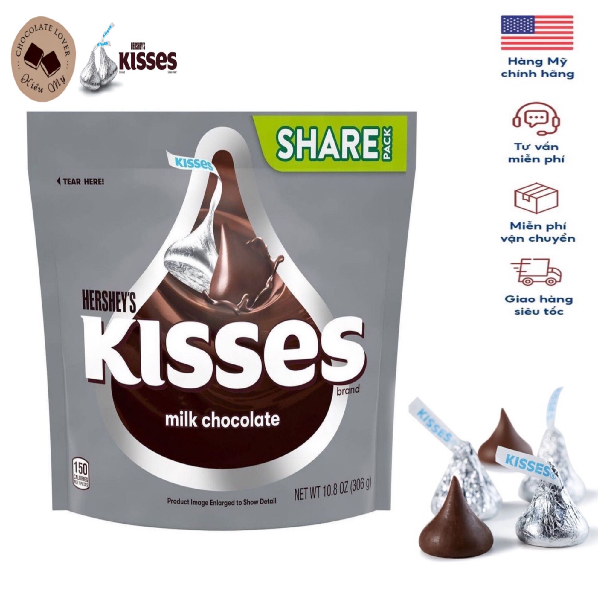 Kẹo Socola Mỹ Kisses milk 306g ( socola núm vú)