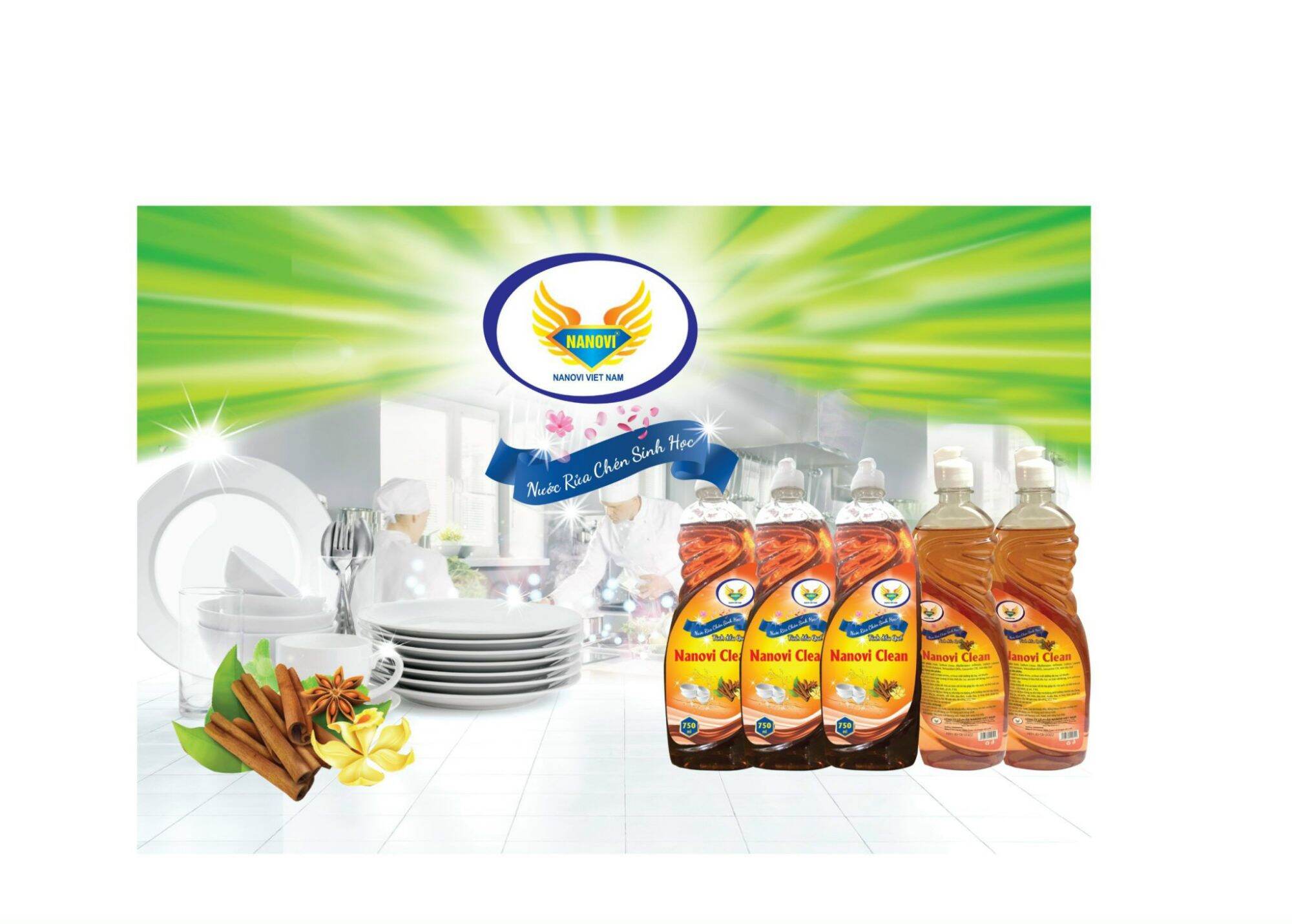 Nước rửa chén sinh học tinh dầu quế Nanovi  750ml chiết xuất từ thiên nhiên, dưỡng da tay, sát khuẩn,  thân thiện với môi trường, không độc hại