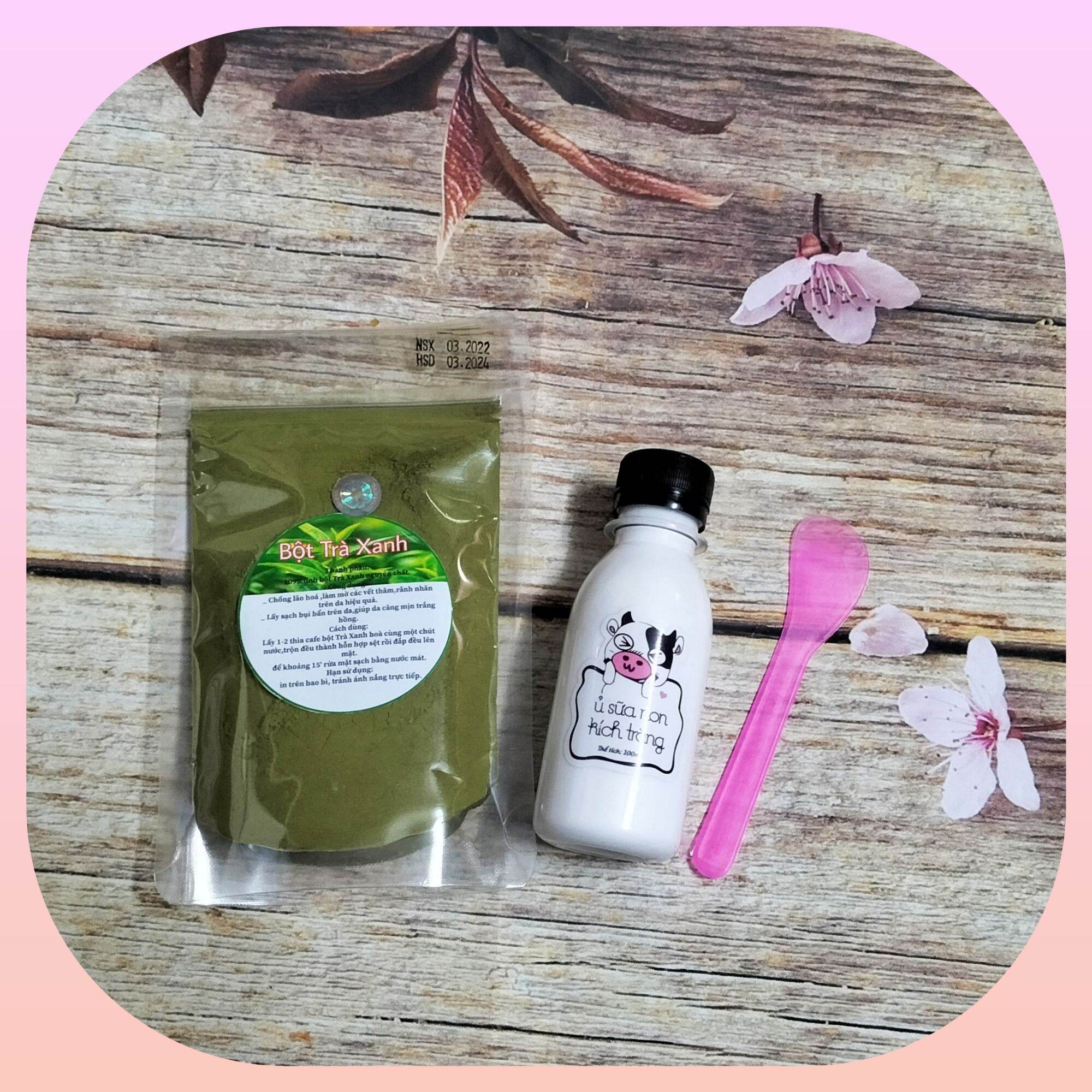 combo bột trà xanh,ủ sữa non dưỡng trắng da,giảm mụn dầu nhờn