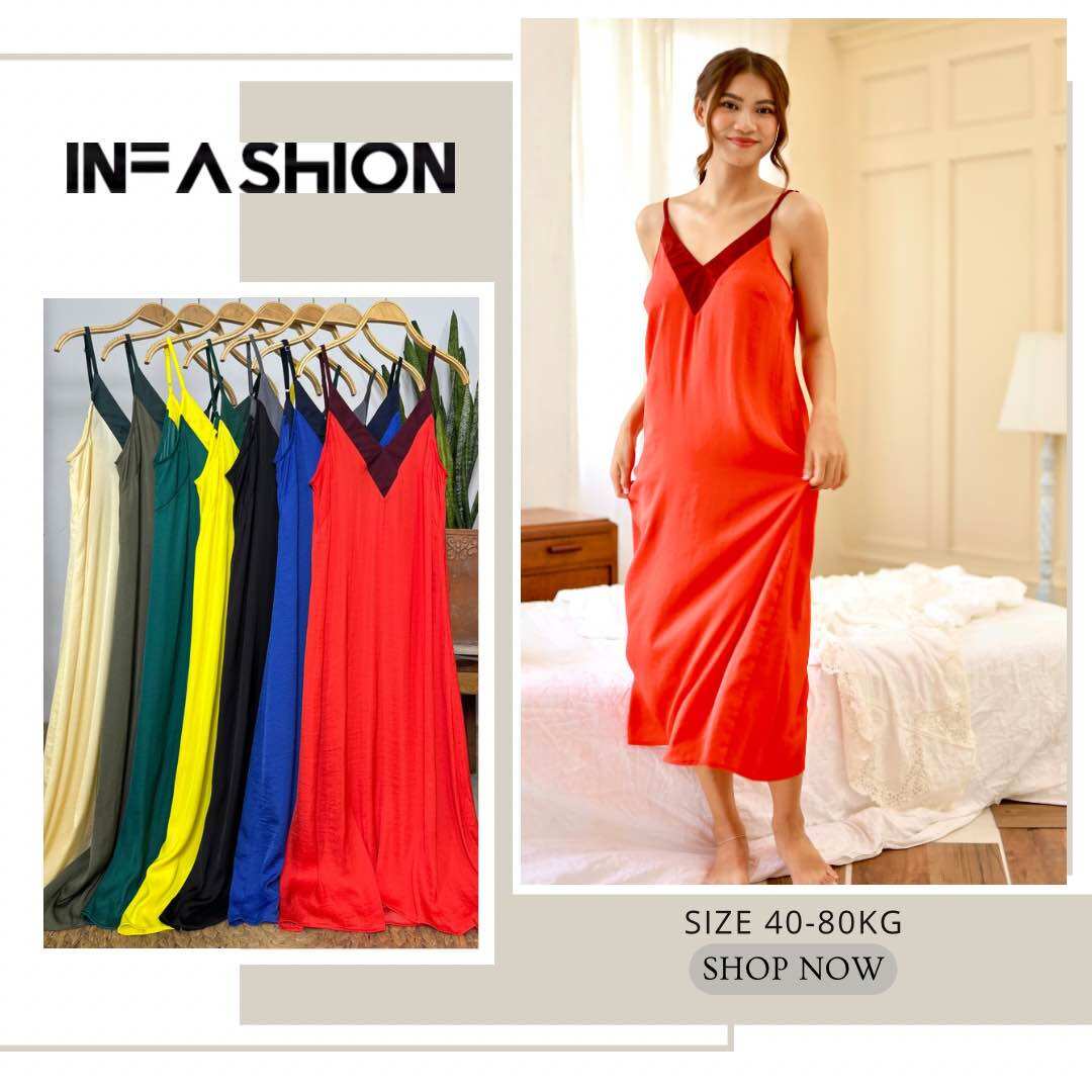 Đầm lụa 2 dây dài cổ V phối màu Infashion