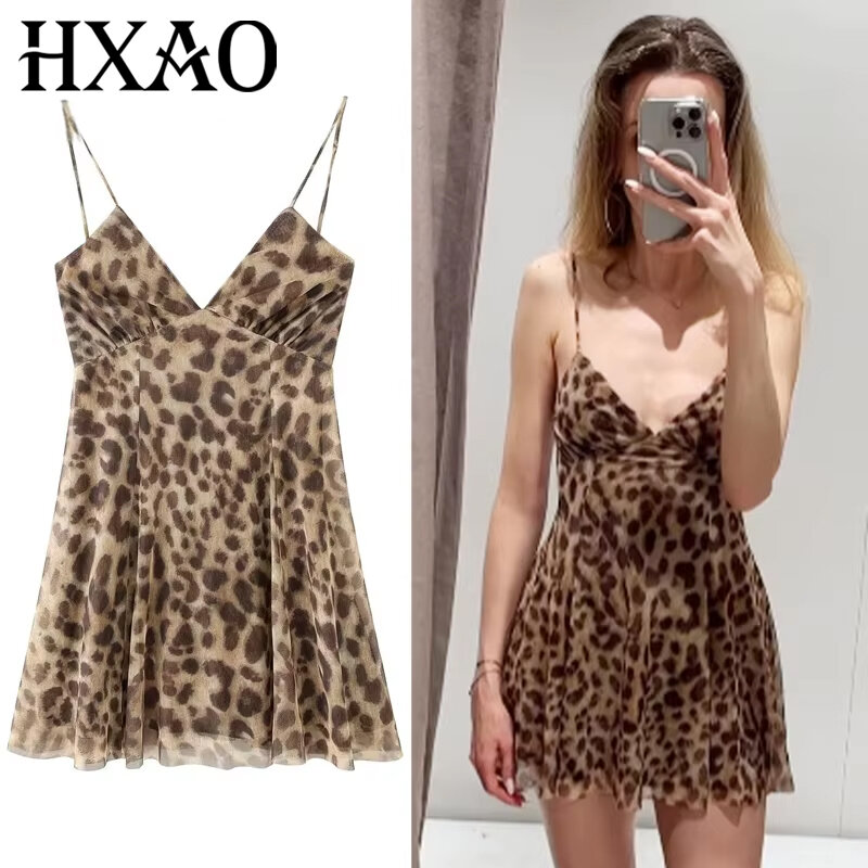 Váy Liền Thân Họa Tiết Da Báo Mùa Hè 2025 Kiểu Vintage, Chất Liệu Lưới, Không Tay, Lưng Trần, Mini, Chất Liệu Voan, Kiểu Dáng Thanh Lịch, Phong Cách Retro Mỹ