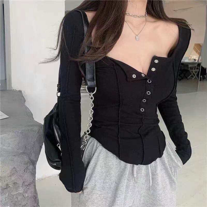Áo Cổ U Nút Bấm Tay Dài Thun Gân