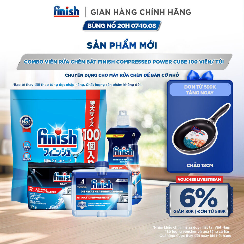 Combo Finish: Viên Rửa Chén Finish Nhật Bản Power Cube 100 Viên + Nước bóng + Dung dịch vệ sinh máy + Muối 1kg