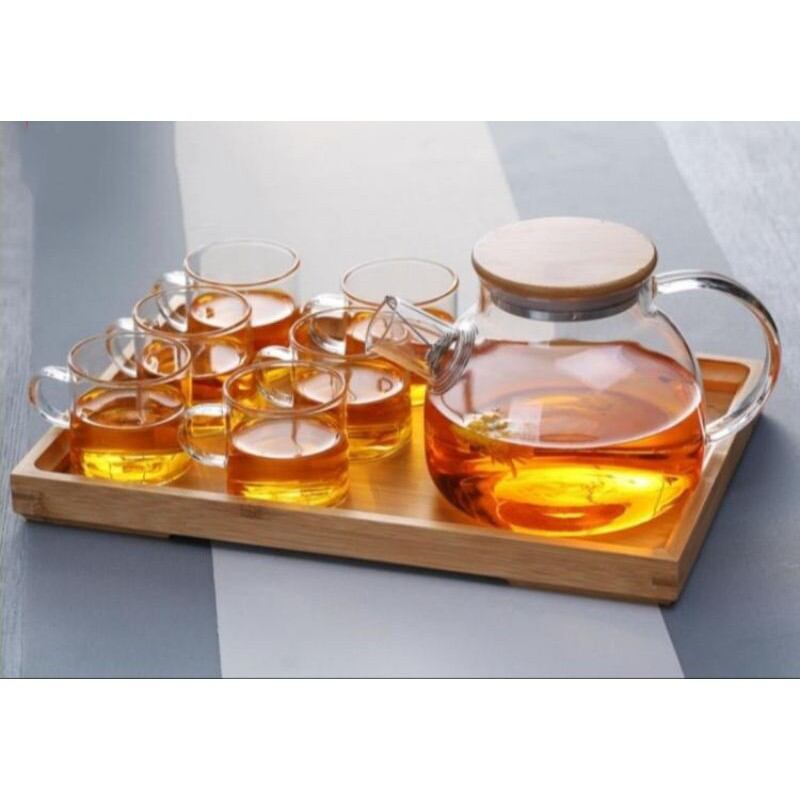Ấm trà hoa thủy tinh nắp gỗ 1L
