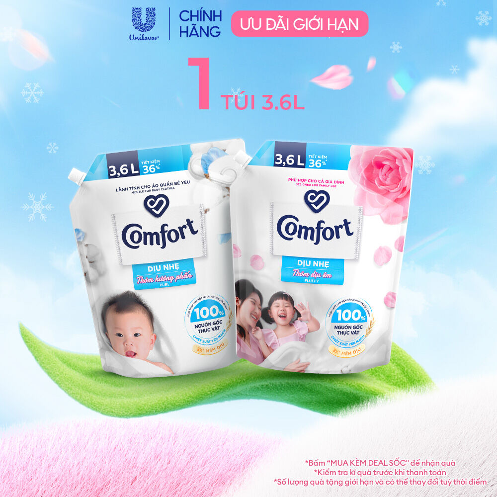 Túi Nước Xả Vải Comfort Dịu Nhẹ Thơm Hương phấn/Dịu êm cho Cả Gia Đình 3.6L