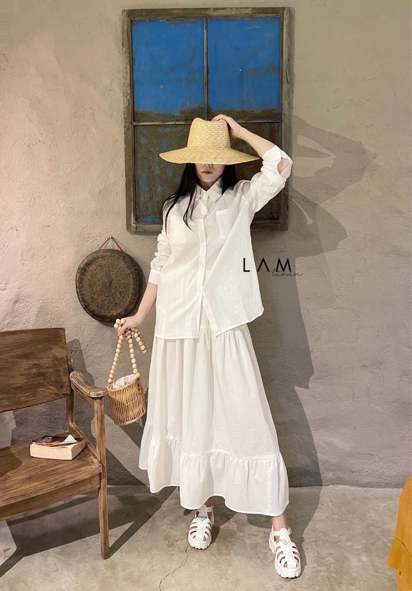 Set gồm Áo sơ mi và chân váy maxi vải Linen