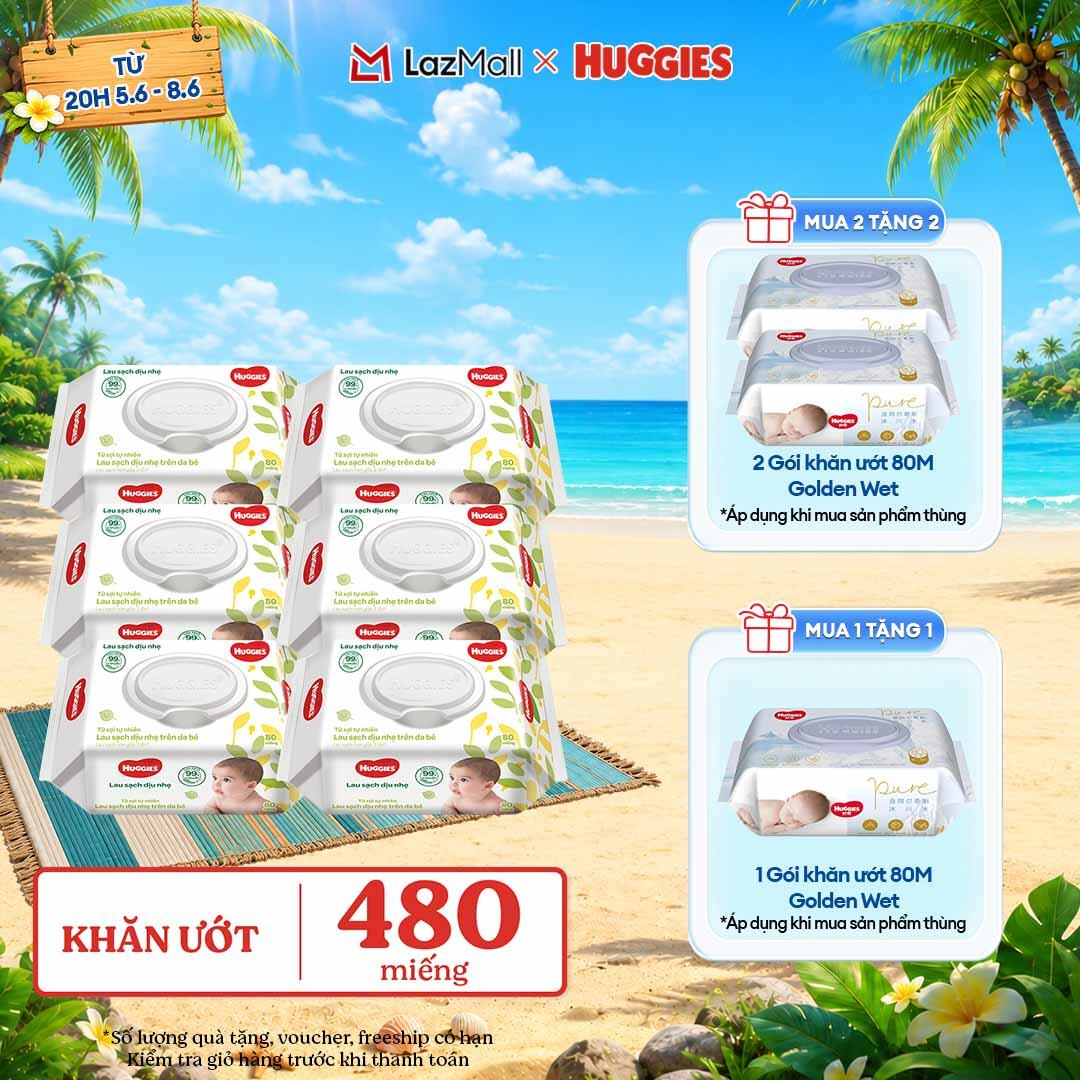 [CHỈ 9-10.6 GIẢM THÊM 90K] Combo 6 gói Khăn giấy ướt cho trẻ sơ sinh HUGGIES 80 miếng không mùi