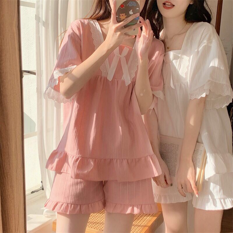 Sét bộ đùi pyjama gân ren tiểu thư.