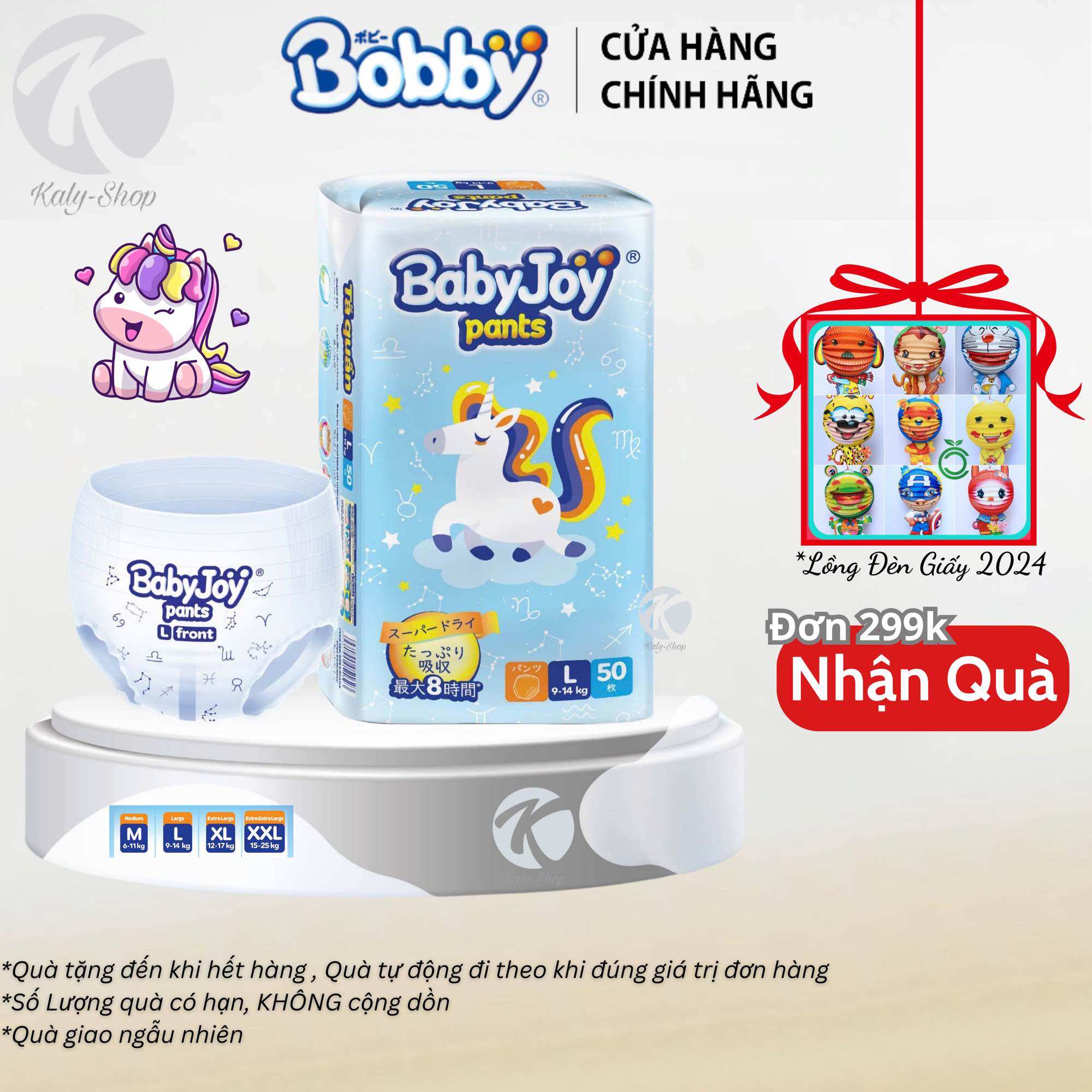 Tã quần bobby baby joy siêu thấm chính hãng size m/l/xl/xxl 50 miếng