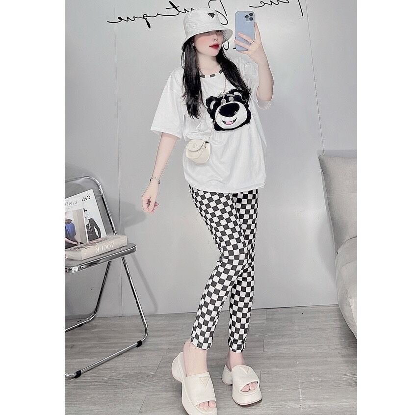 Sét bộ gấu pooh phối quần kẻ legging.