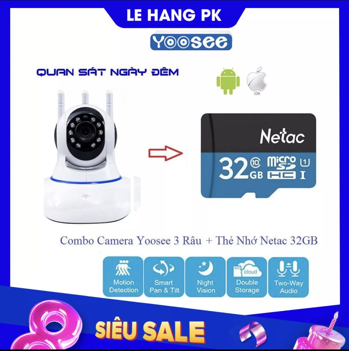 [HCM](KÈM Thẻ Nhớ SD YOOSEE 32 GB) Camera IP Wifi Yoosee 3 Râu xoay 360 độ độ phân giải FULL FHD 2.0MP 1920x1080p Không DâyCamera trong nhàngoài trời Camera hồng ngoại tích hợp ghi âmlưu trữ dữ liệu