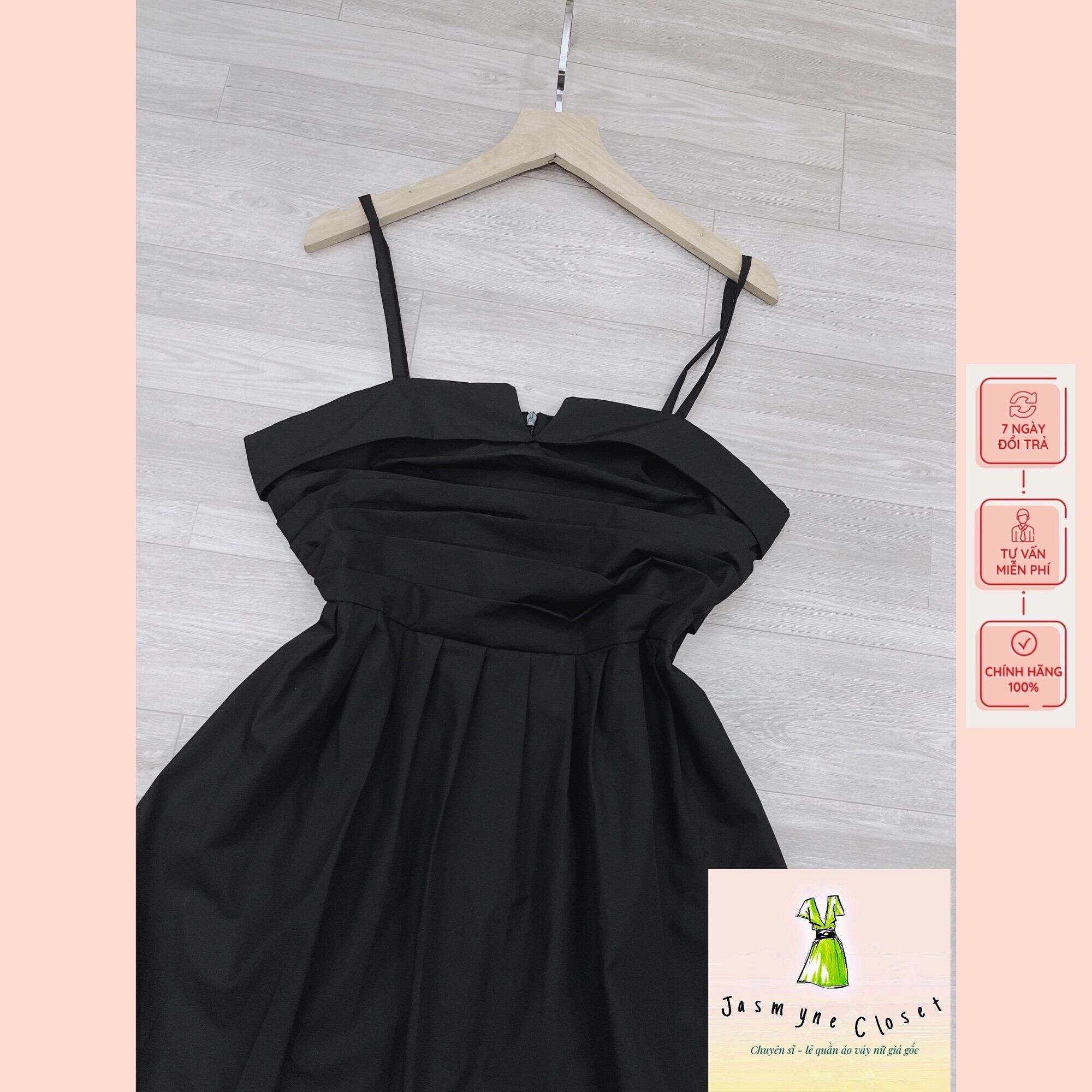 Váy 2 dây đen xòe thân cách điệu tiểu thư