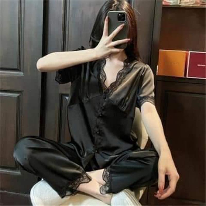 Set bộ lụa satin mặc nhà phối ren cao cấp