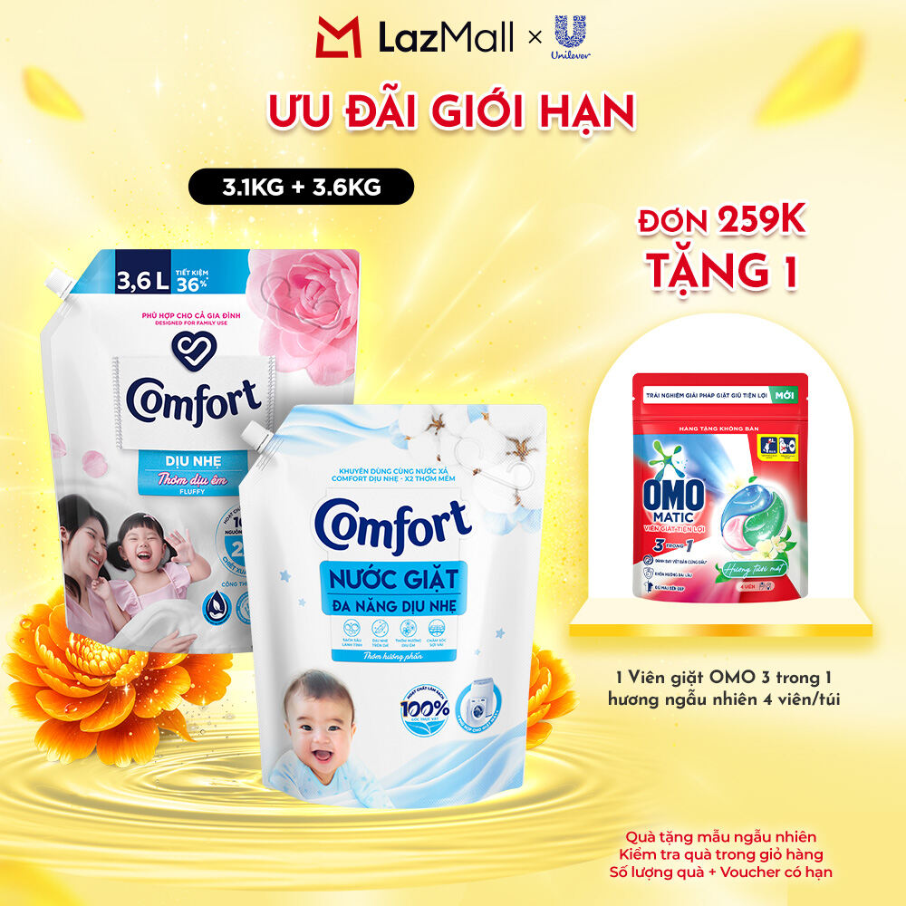 Combo Nước giặt Comfort đa năng dịu nhẹ và Nước xả vải Comfort Dịu nhẹ 3.1kg+3.6L