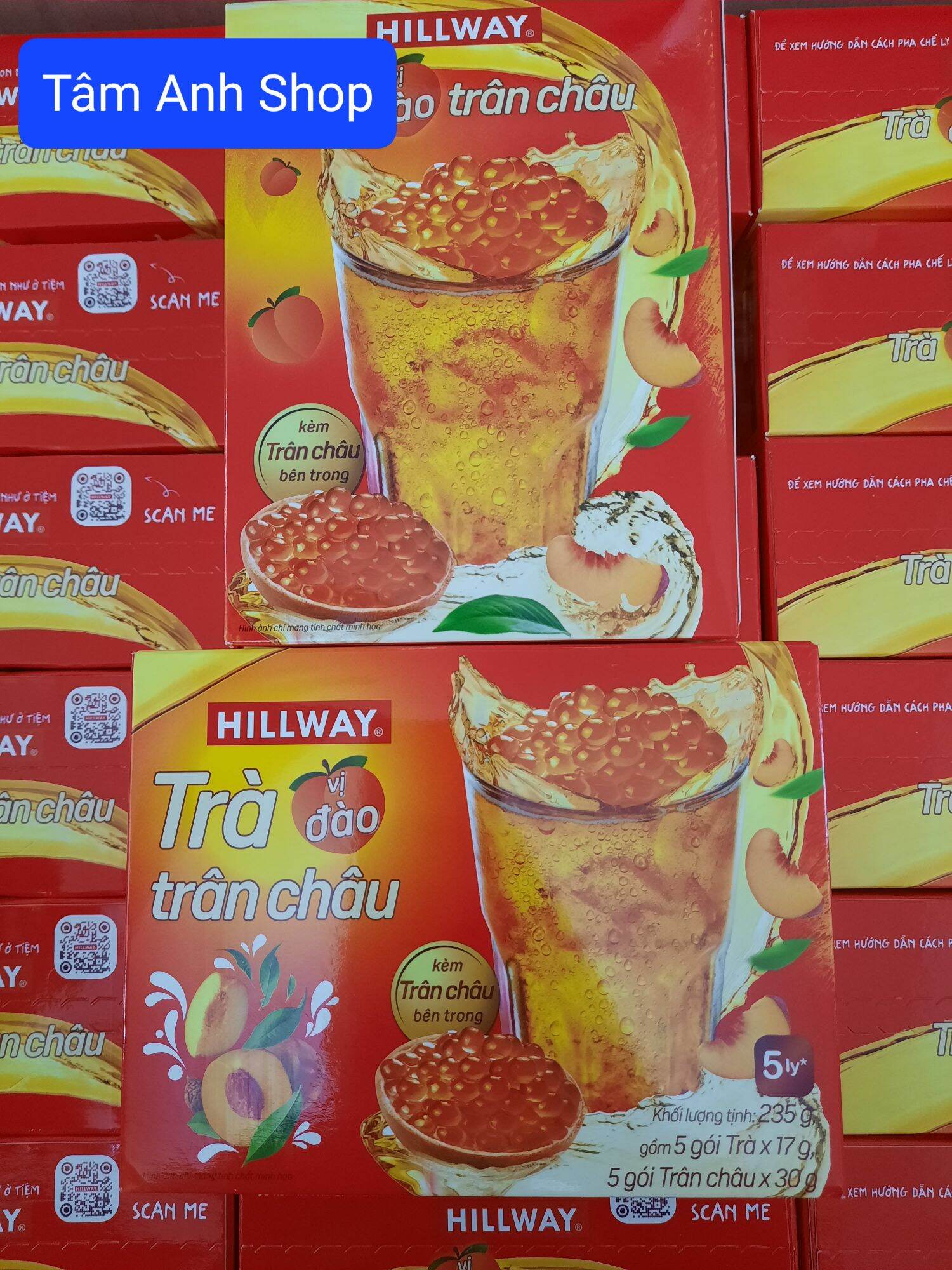 Trà trân châu Hillway vị đào hộp 5 gói kèm 5 thạch trân châu